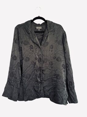 Pajamagram 100% Silk Black Floral Pajama Top Button Front size Large - Top only
